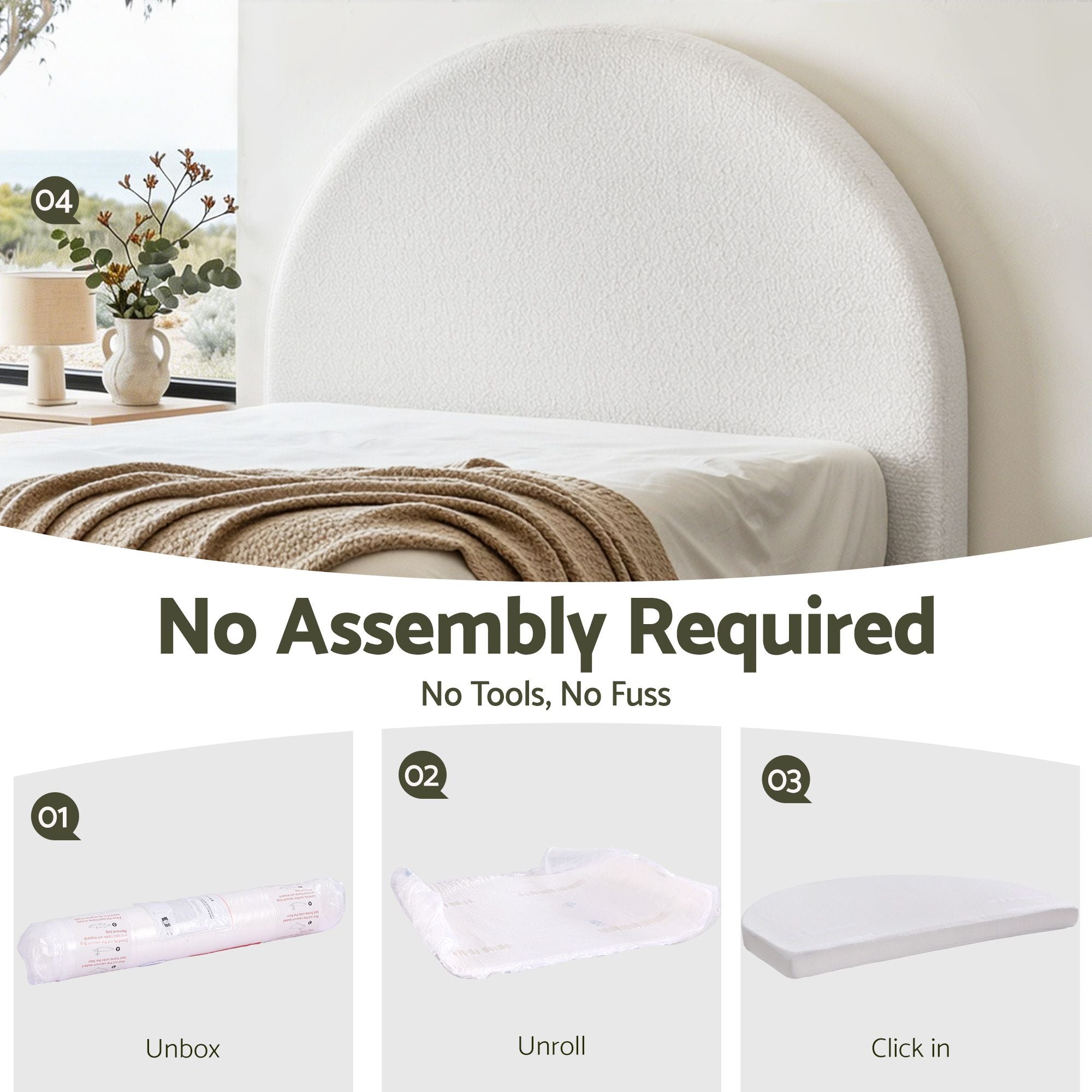 Artiss Double Size Headboard for Bed Frame Boucle Fabric No-Assembly Vacuum Compressed Soft Backrest with BED-FOAM-HEAD-NOVA-D-WH