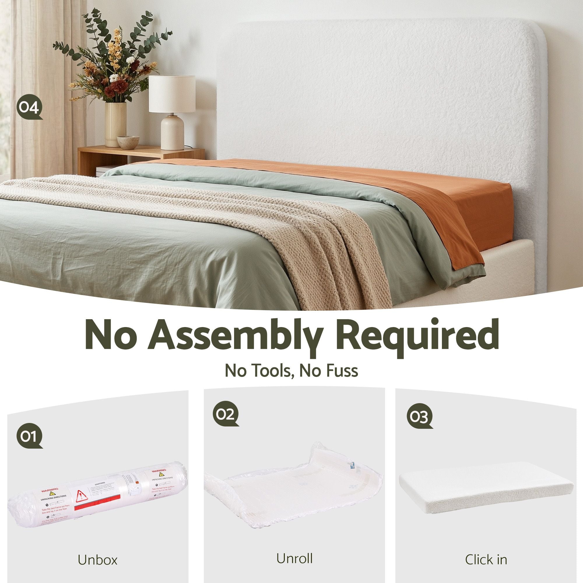 Artiss Queen Headboard for Bed Frame Boucle Fabric No-Assembly Vacuum Compressed Soft Backrest with Removable BED-FOAM-HEAD-SOLIS-Q-WH