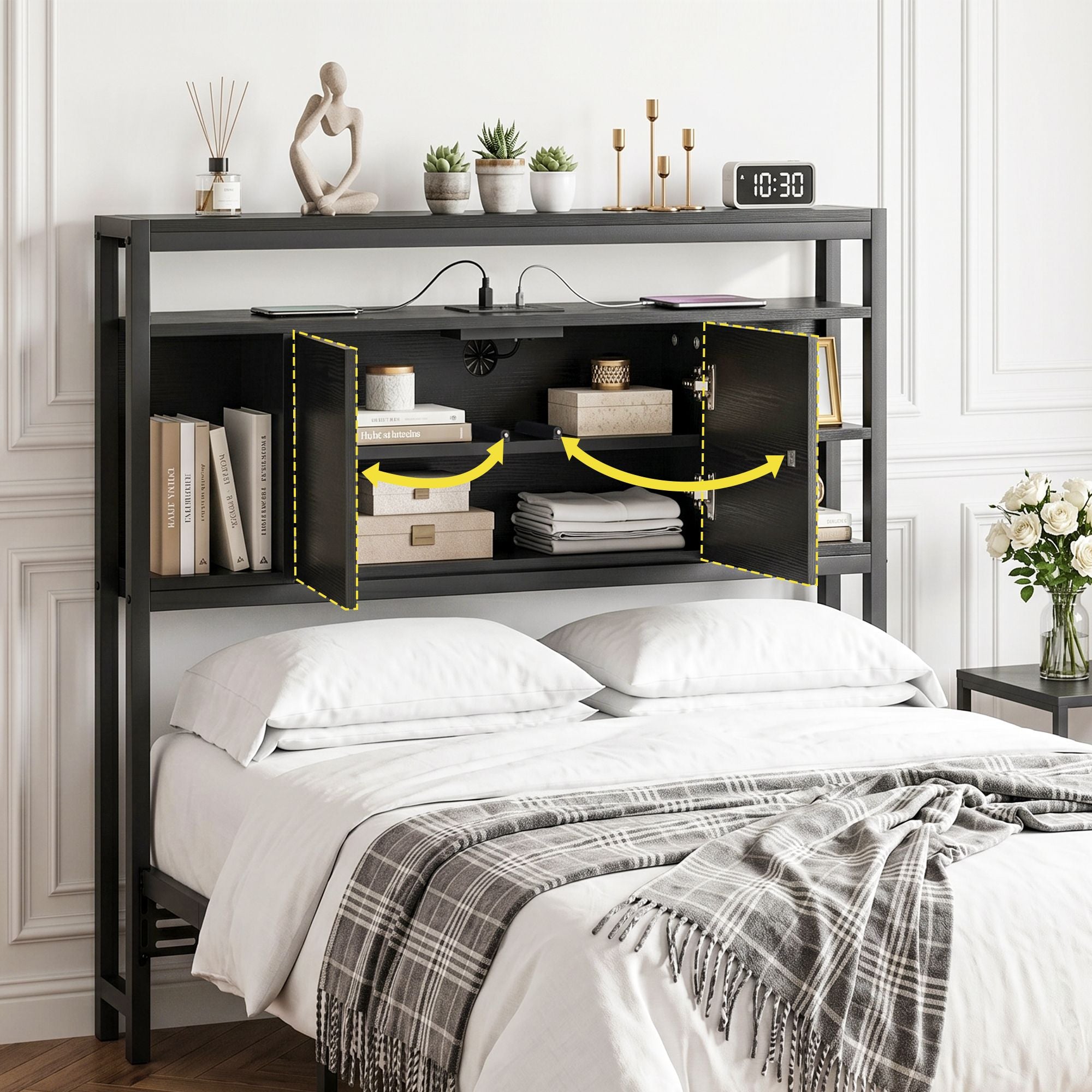 Artiss Bed Headboard King Single Storage Bedhead Charging Station Black