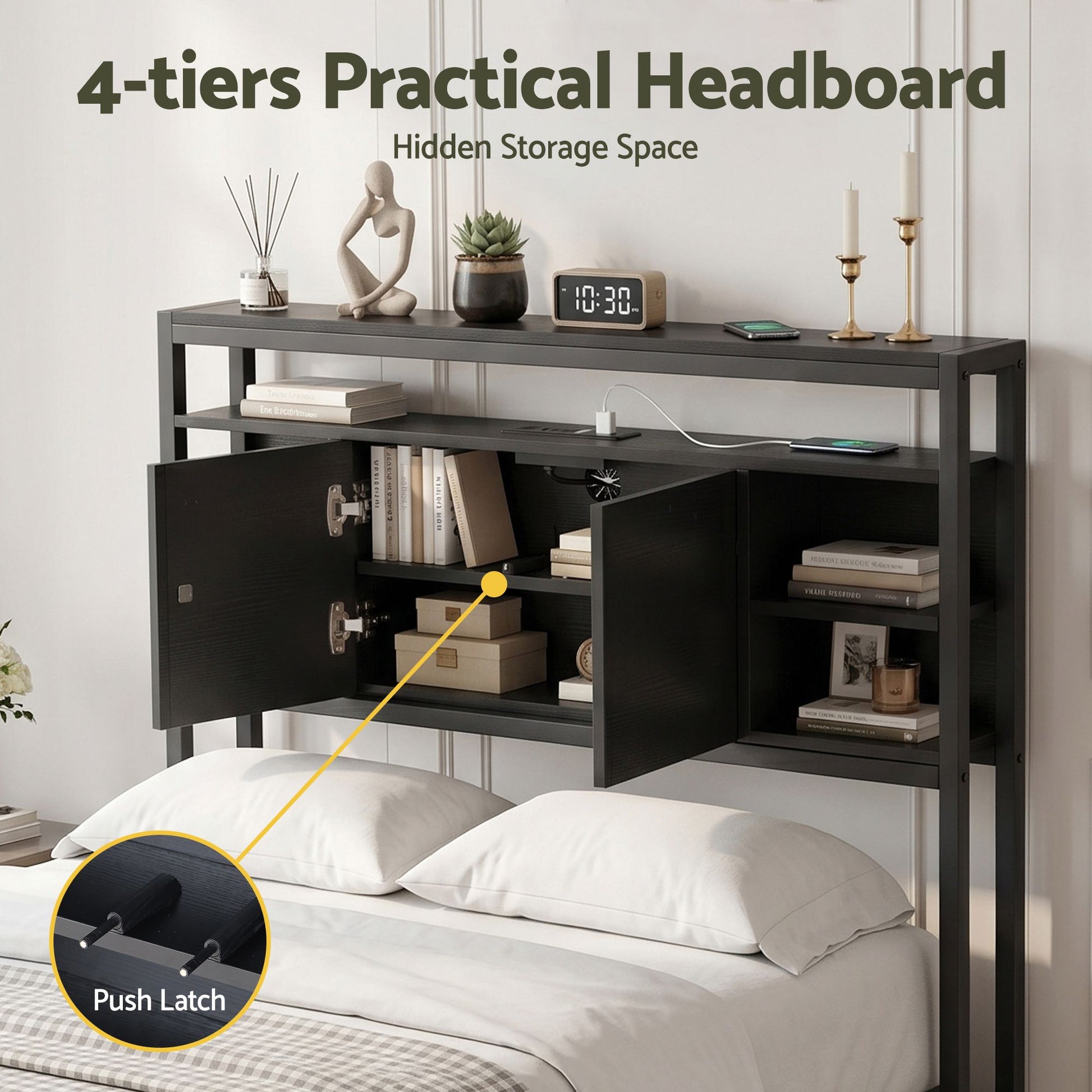 Artiss Bed Headboard King Single Storage Bedhead Charging Station Black BED-HEAD-SOR-KS-BK