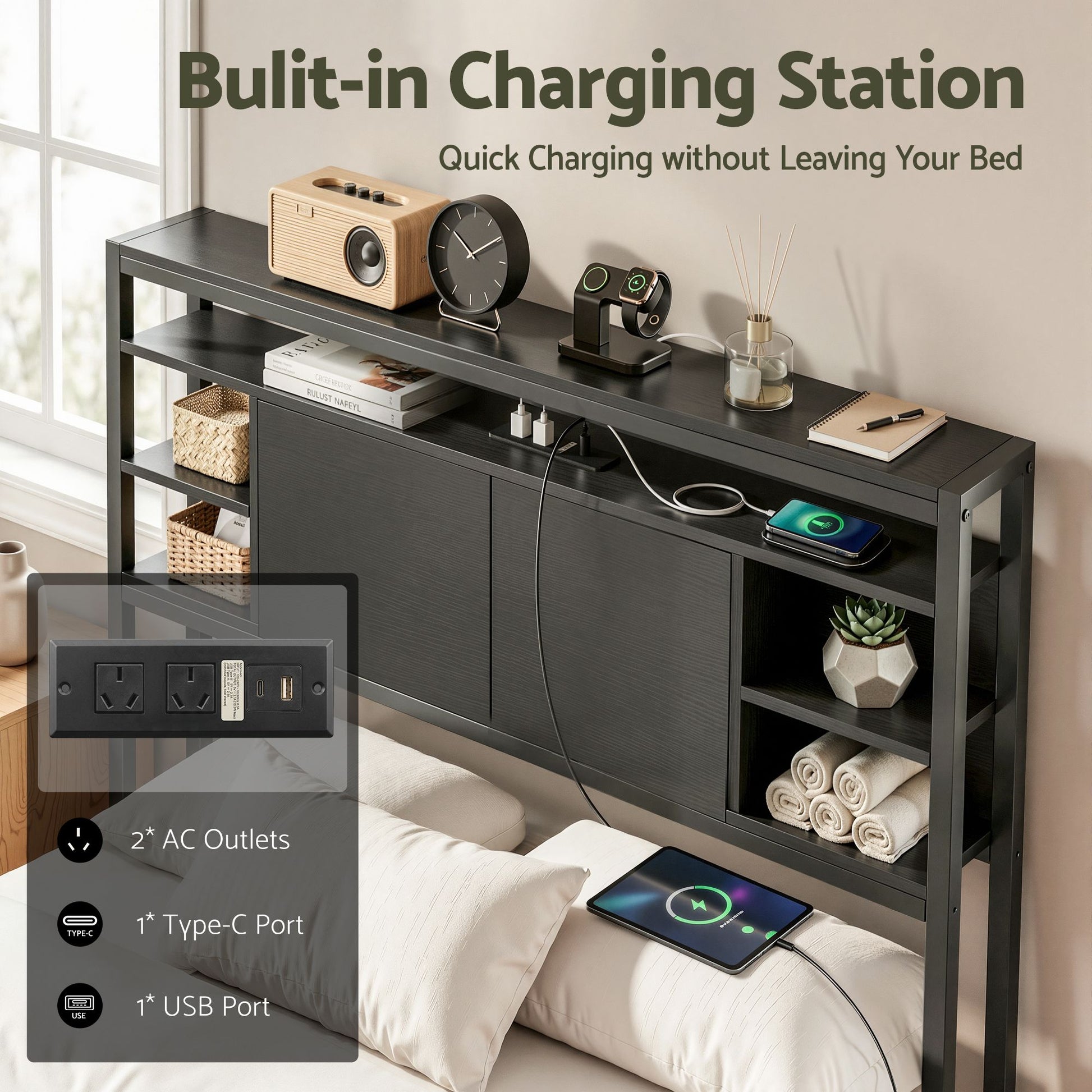 Artiss Bed Headboard King Single Storage Bedhead Charging Station Black BED-HEAD-SOR-KS-BK