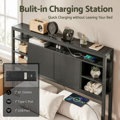 Artiss Bed Headboard King Single Storage Bedhead Charging Station Black BED-HEAD-SOR-KS-BK