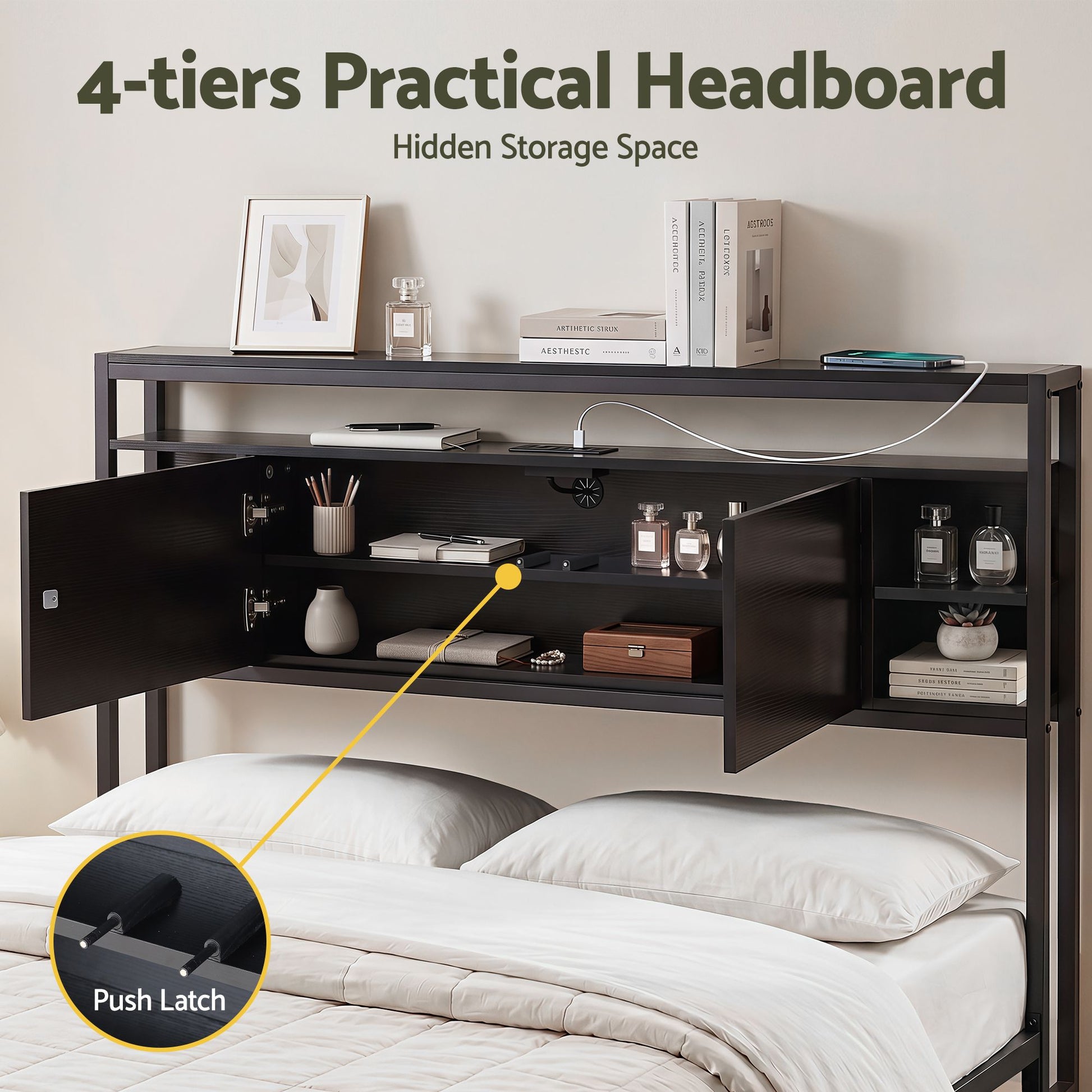 Artiss Bed Headboard Queen Storage Bedhead Charging Station Black BED-HEAD-SOR-Q-BK
