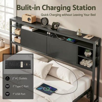 Artiss Bed Headboard Queen Storage Bedhead Charging Station Black BED-HEAD-SOR-Q-BK