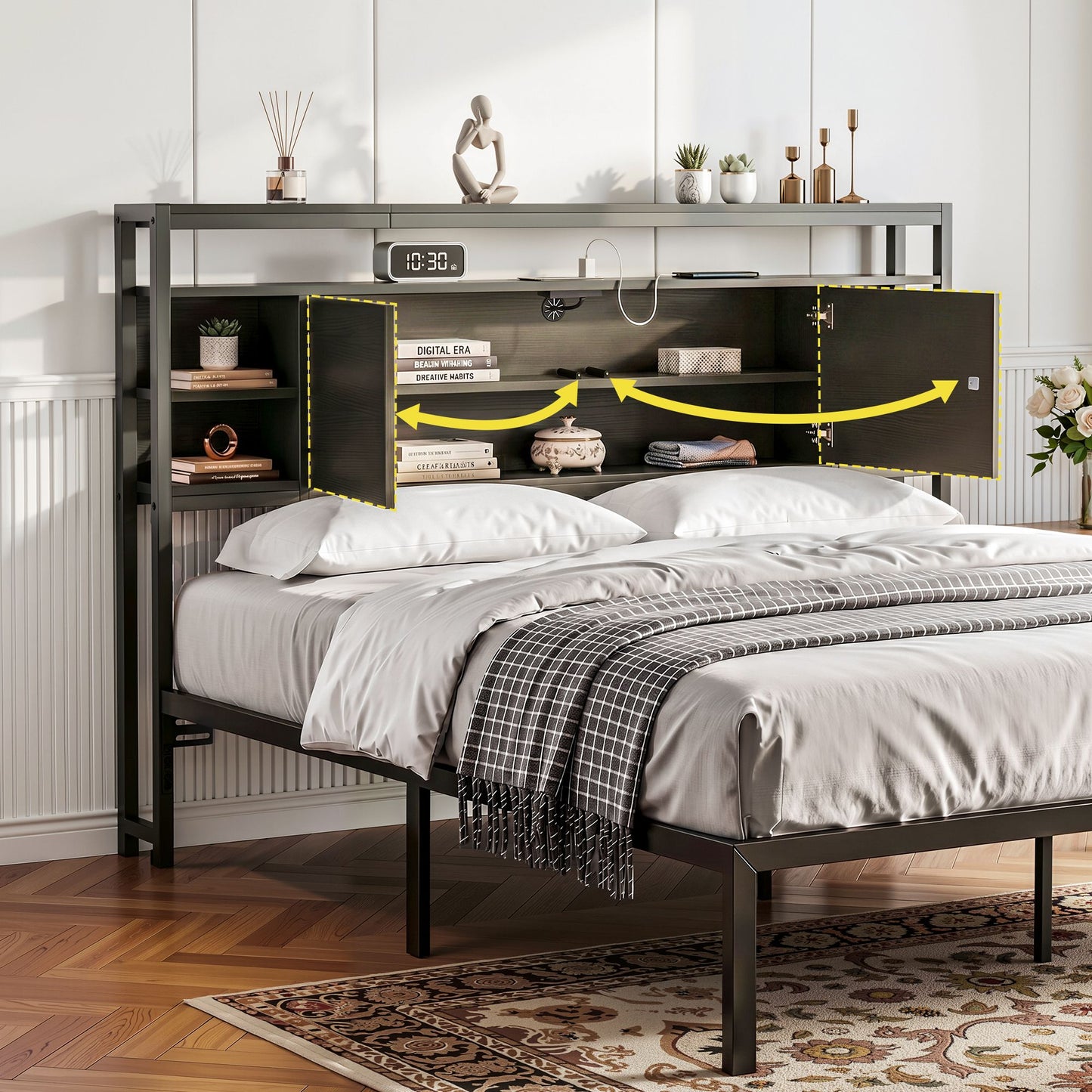Artiss Bed Headboard Queen Storage Bedhead Charging Station Black BED-HEAD-SOR-Q-BK