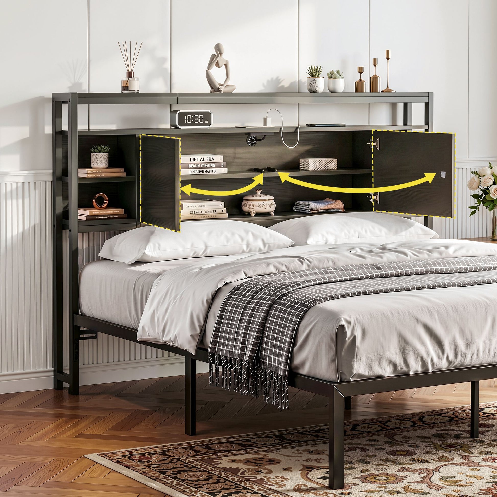 Artiss Bed Headboard Queen Storage Bedhead Charging Station Black BED-HEAD-SOR-Q-BK