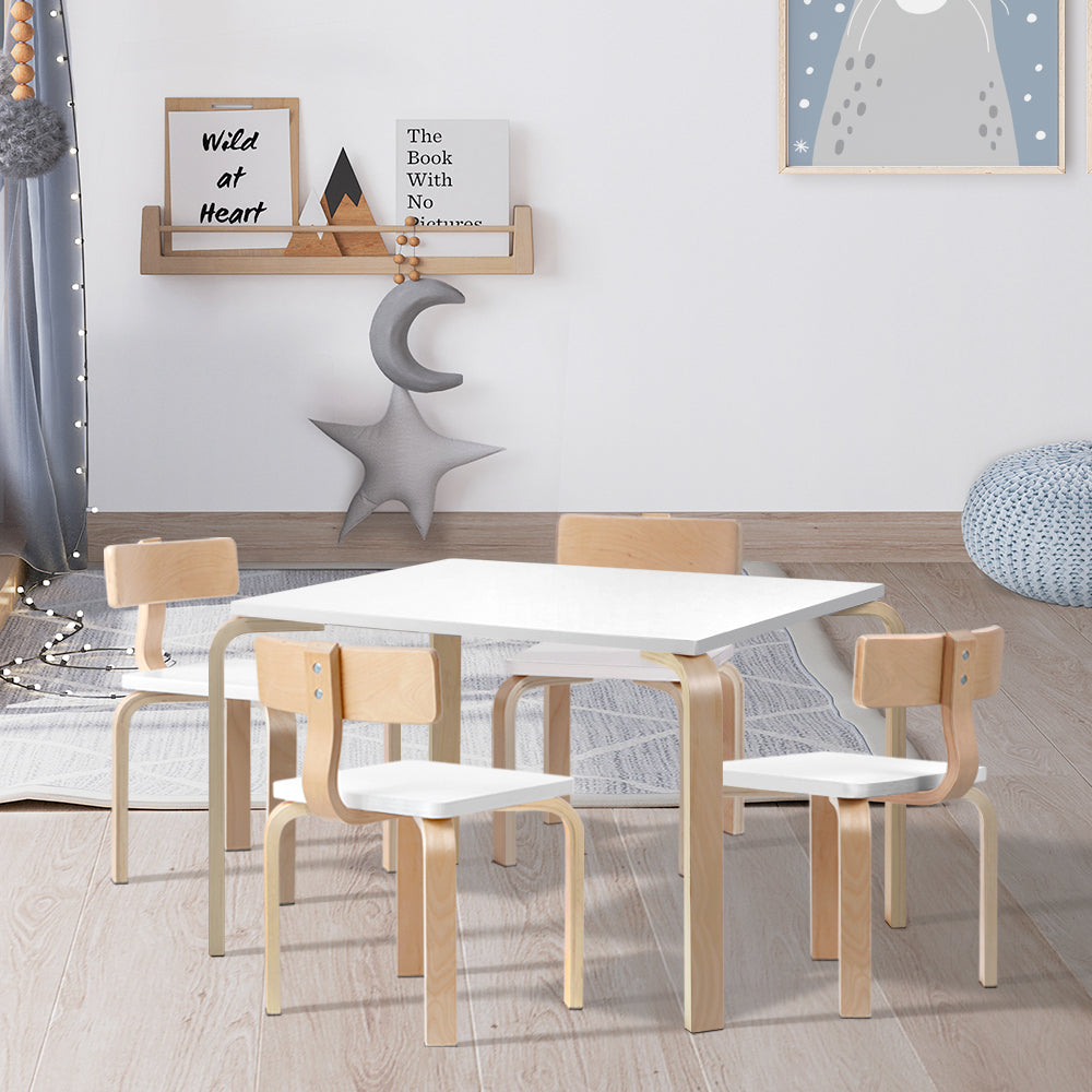 Keezi 5PCS Kids Table and Chairs Set Activity Toy Play Desk BENT-B-KID-TAB02-NT-WH
