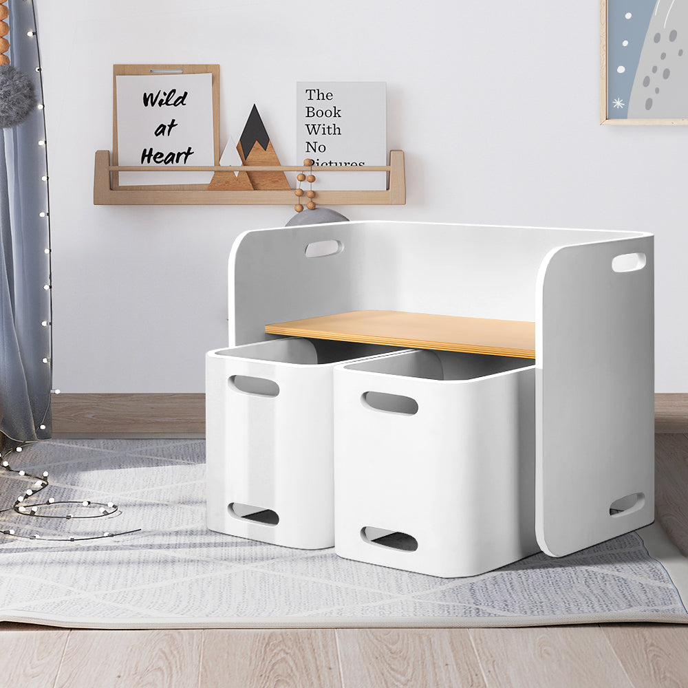 Keezi 3PCS Kids Table and Chairs Set Multifunctional Storage Desk White BENT-B-KID-TAB03-NT-WH