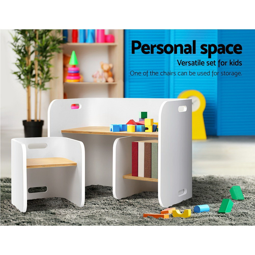 Keezi 3PCS Kids Table and Chairs Set Multifunctional Storage Desk White BENT-B-KID-TAB03-NT-WH