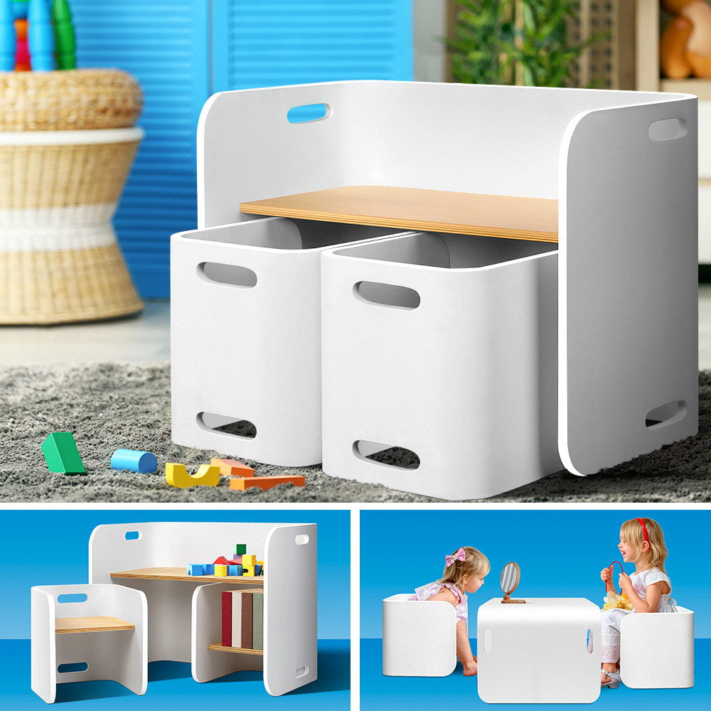 Keezi 3PCS Kids Table and Chairs Set Multifunctional Storage Desk White BENT-B-KID-TAB03-NT-WH