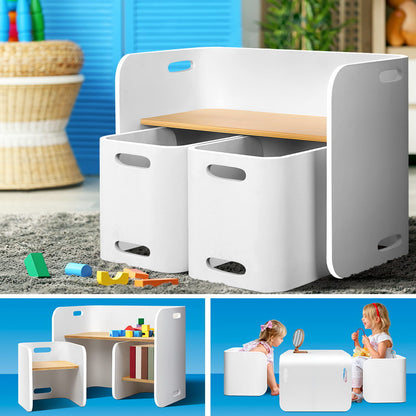 Keezi 3PCS Kids Table and Chairs Set Multifunctional Storage Desk White BENT-B-KID-TAB03-NT-WH