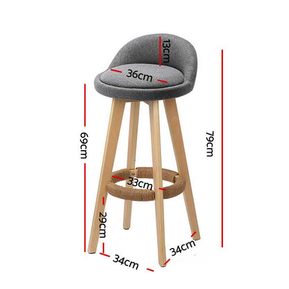 Artiss 2x Bar Stools Padded Linen Wooden Grey BENT-C-9004H-GYX2