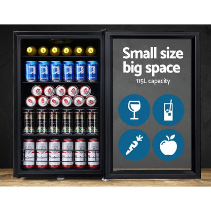Devanti 115L Bar Fridge Glass Door w/Light Black BF-D-130L-BK