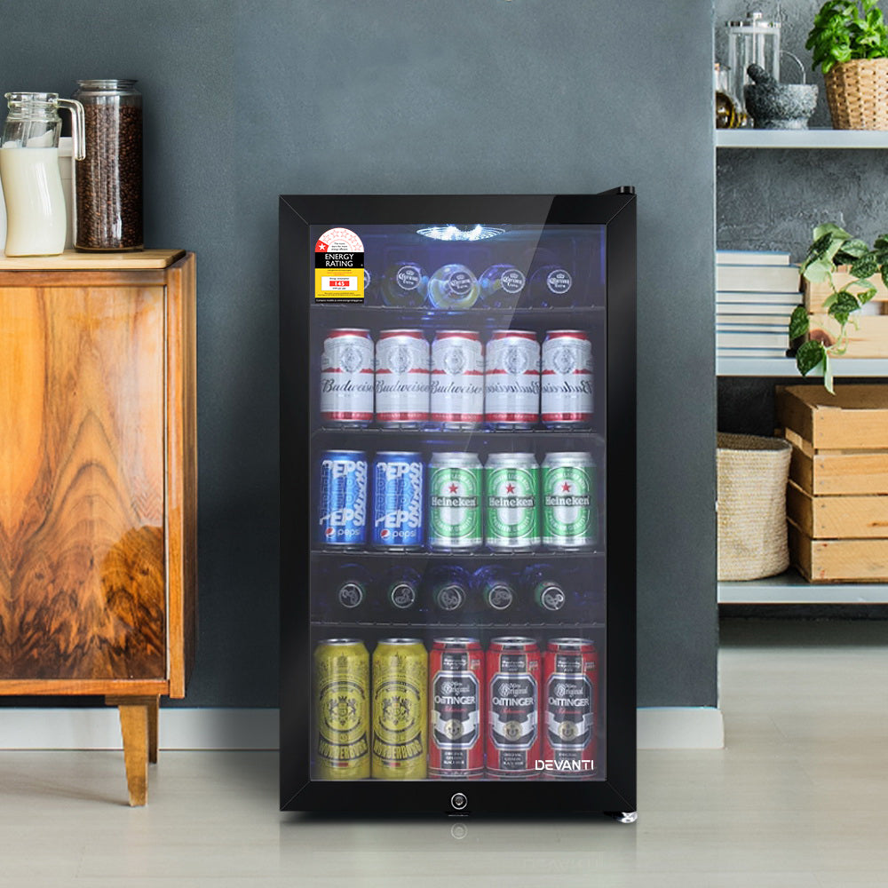 Devanti 98L Bar Fridge Glass Door Mini Fridges Freezer Black BF-D-98L-BK