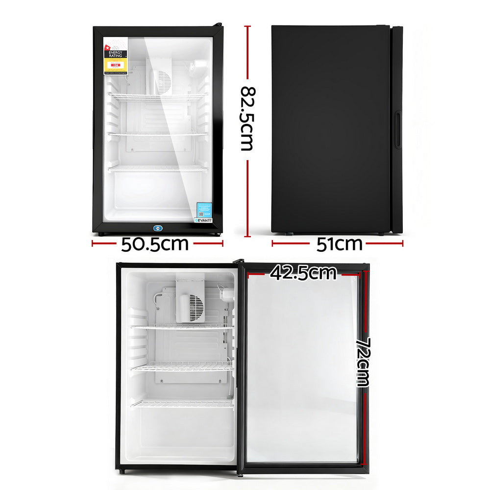 Devanti 105L Bar Fridge Glass Door Mini Fridge Countertop Cooler Black BF-F-G-105L-BK