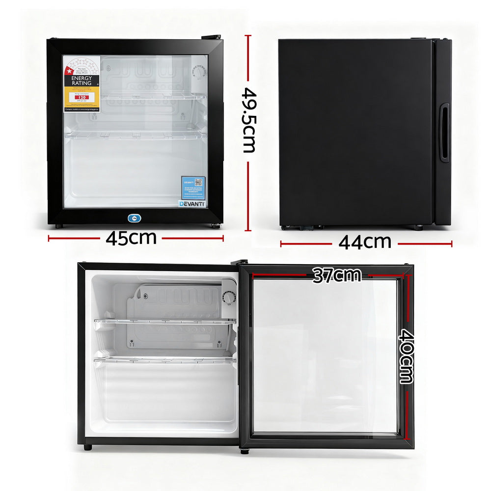 Devanti 40L Bar Fridge Glass Door Mini Fridge Countertop Cooler Black BF-F-G-40L-BK