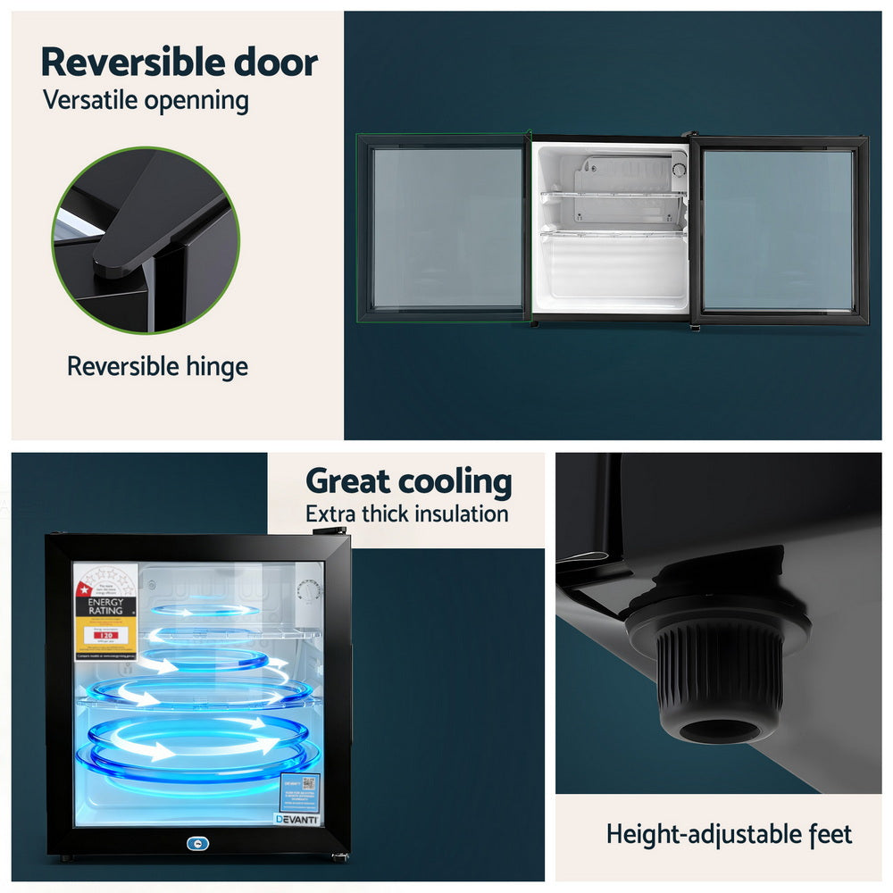 Devanti 40L Bar Fridge Glass Door Mini Fridge Countertop Cooler Black BF-F-G-40L-BK