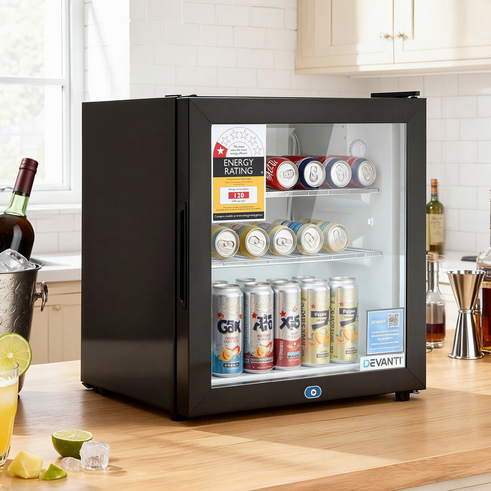 Devanti 40L Bar Fridge Glass Door Mini Fridge Countertop Cooler Black BF-F-G-40L-BK