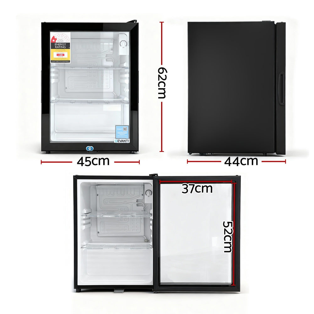 Devanti 56L Bar Fridge Glass Door Mini Fridge Countertop Cooler Black BF-F-G-56L-BK