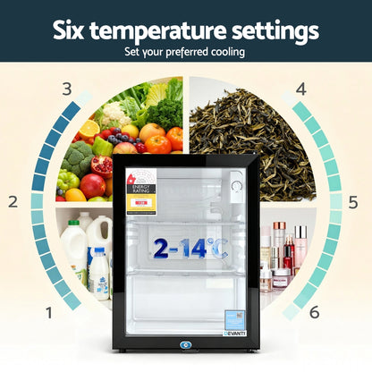 Devanti 56L Bar Fridge Glass Door Mini Fridge Countertop Cooler Black BF-F-G-56L-BK