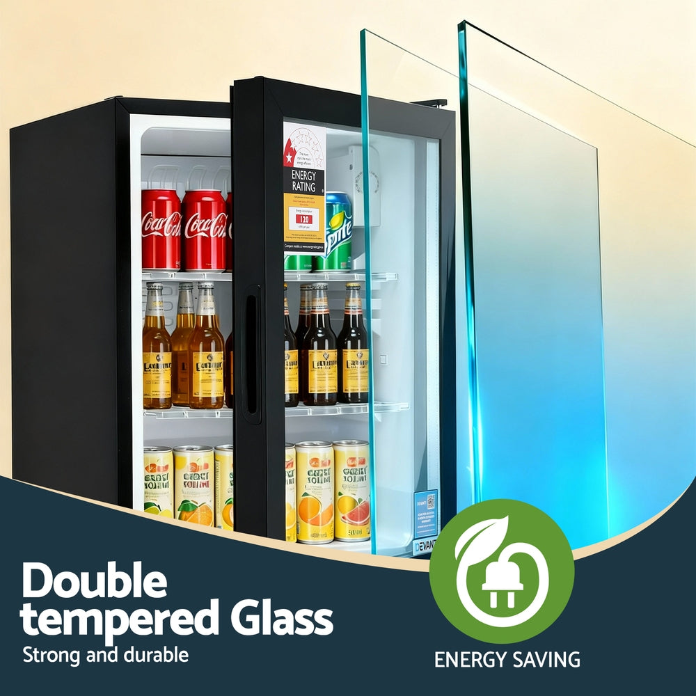 Devanti 56L Bar Fridge Glass Door Mini Fridge Countertop Cooler Black BF-F-G-56L-BK