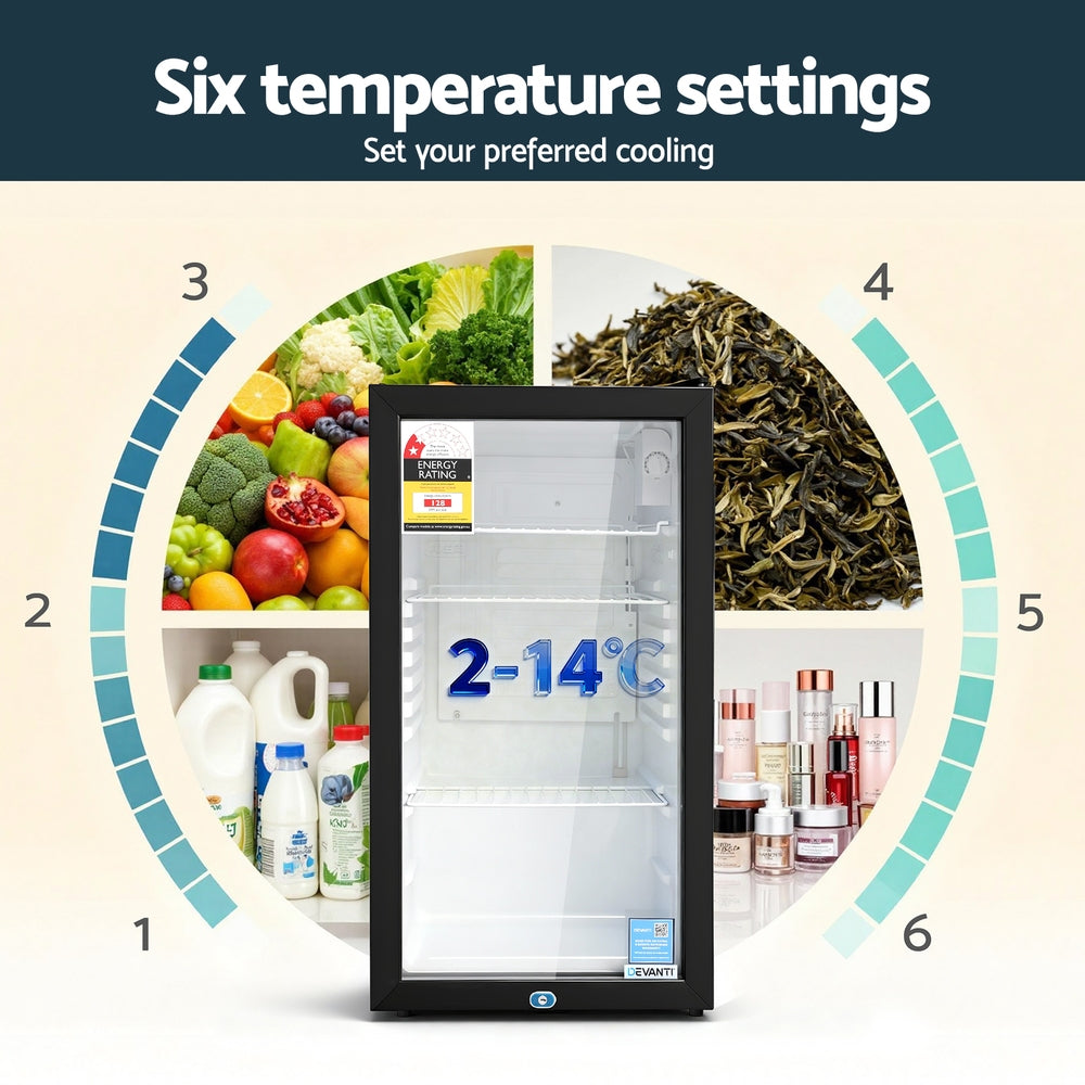 Devanti 78L Bar Fridge Glass Door Mini Fridge Countertop Cooler Black BF-F-G-78L-BK