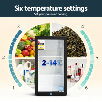 Devanti 78L Bar Fridge Glass Door Mini Fridge Countertop Cooler Black BF-F-G-78L-BK