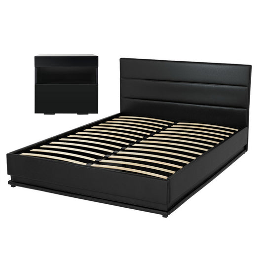 Artiss RGB LED Double Bed Frame with Beside Table Set 16 Colour Mood Lighting BFRAME-BS-LUMI04-D-BK