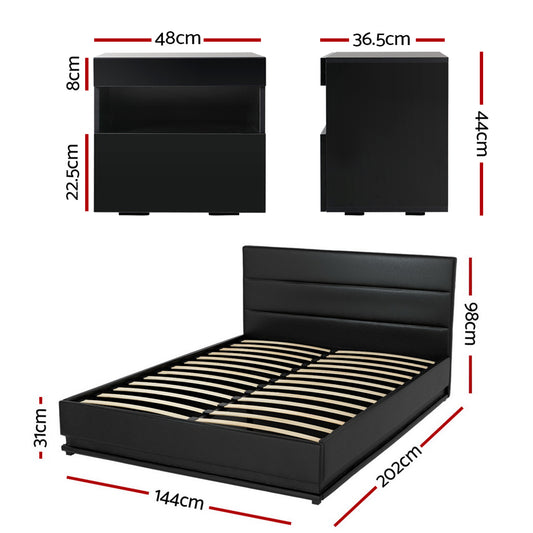 Artiss RGB LED Double Bed Frame with Beside Table Set 16 Colour Mood Lighting BFRAME-BS-LUMI04-D-BK
