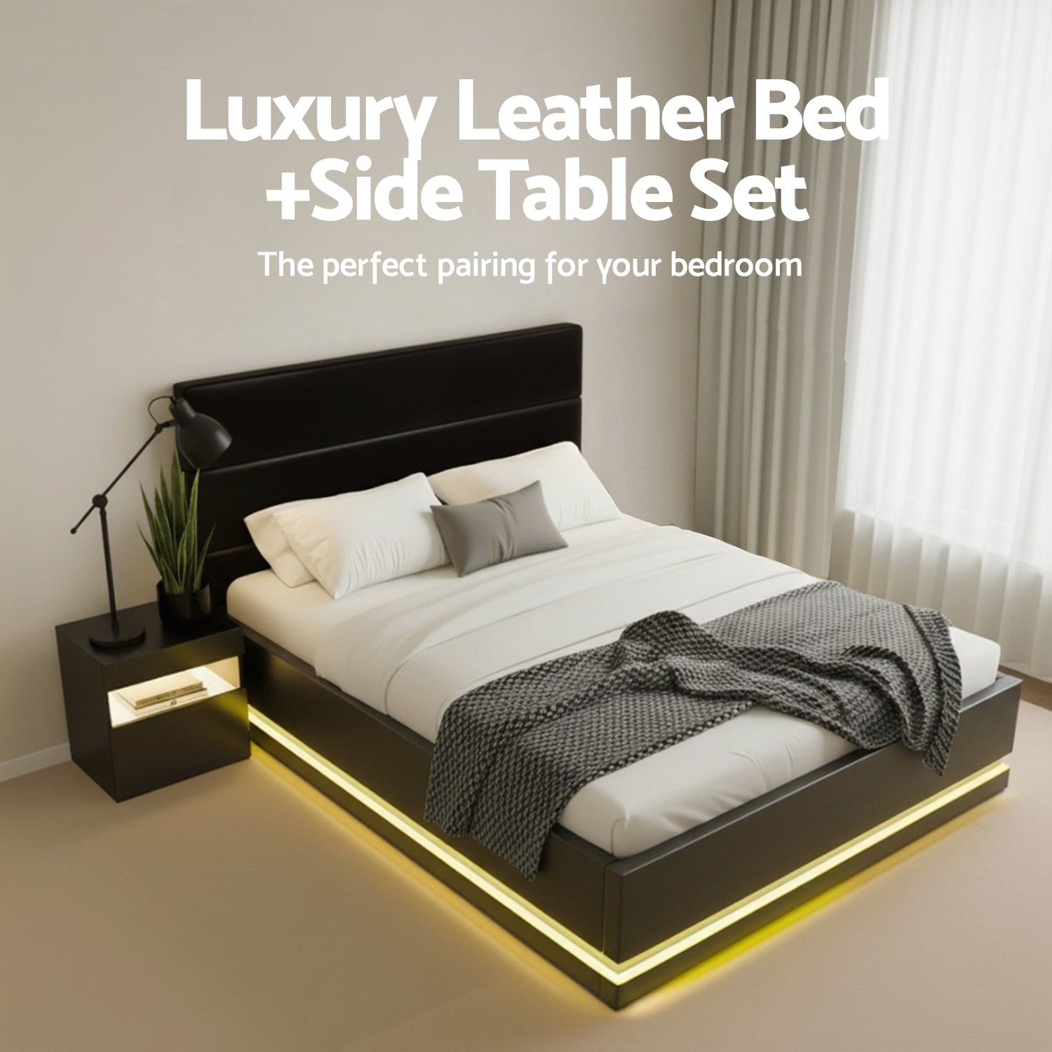 Artiss RGB LED Double Bed Frame with Beside Table Set 16 Colour Mood Lighting BFRAME-BS-LUMI04-D-BK