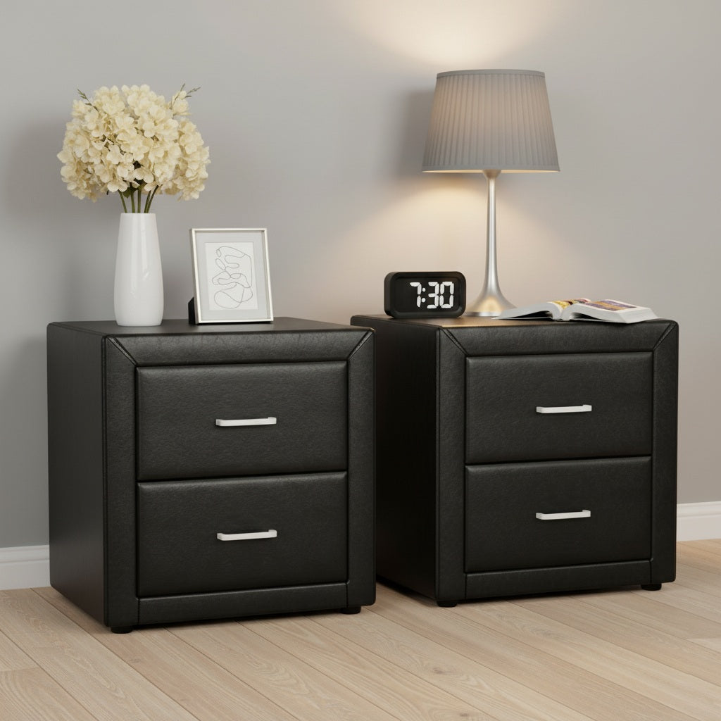 Artiss 2X Bedside Table 2 Drawers Side Table Leather - CADEN Black BFRAME-E-BSIDE-BKX2