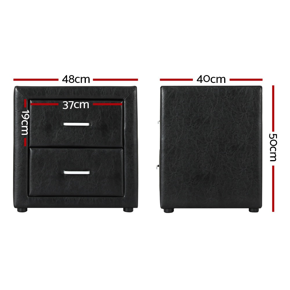 Artiss 2X Bedside Table 2 Drawers Side Table Leather - CADEN Black BFRAME-E-BSIDE-BKX2