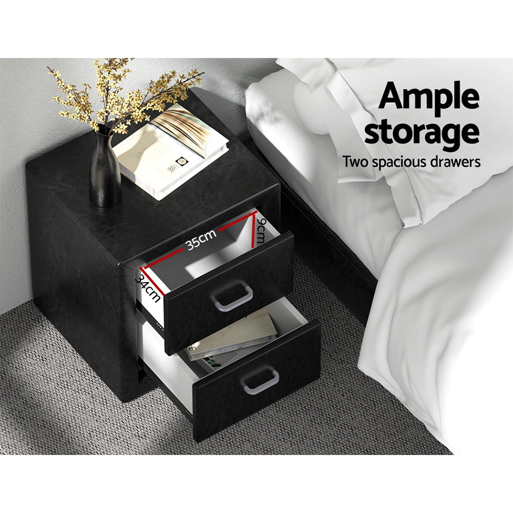 Artiss 2X Bedside Table 2 Drawers Side Table Leather - CADEN Black BFRAME-E-BSIDE-BKX2