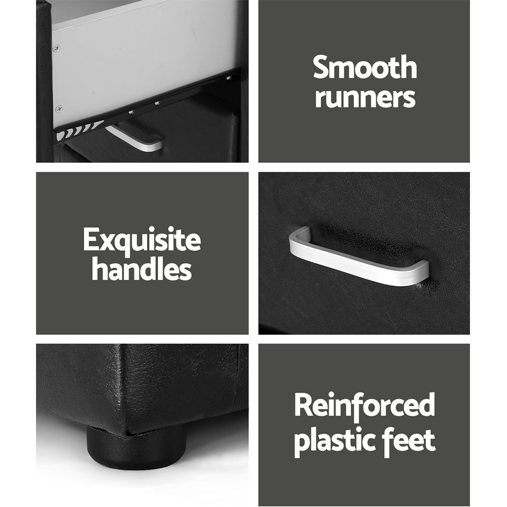 Artiss 2X Bedside Table 2 Drawers Side Table Leather - CADEN Black BFRAME-E-BSIDE-BKX2
