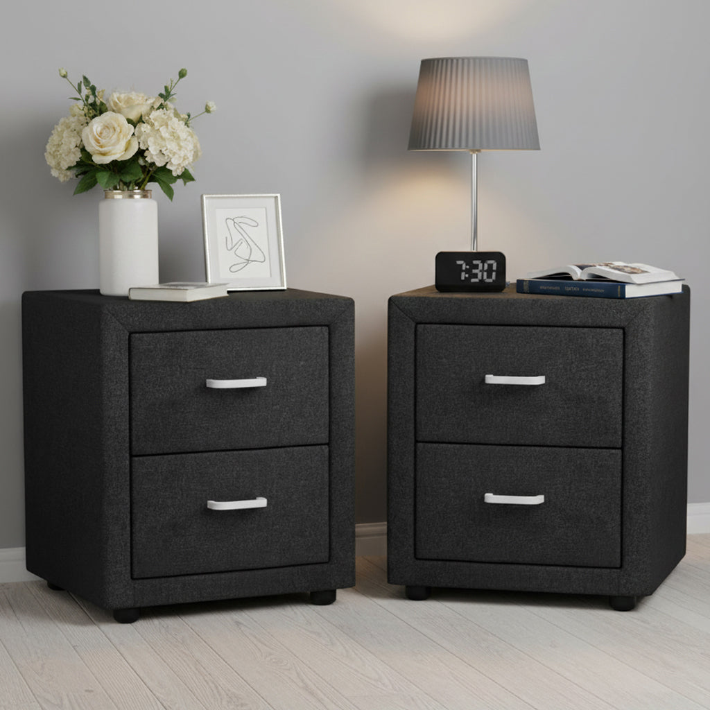 Artiss 2X Bedside Table 2 Drawers Fabric - CADEN Charcoal BFRAME-E-BSIDE-CHARX2