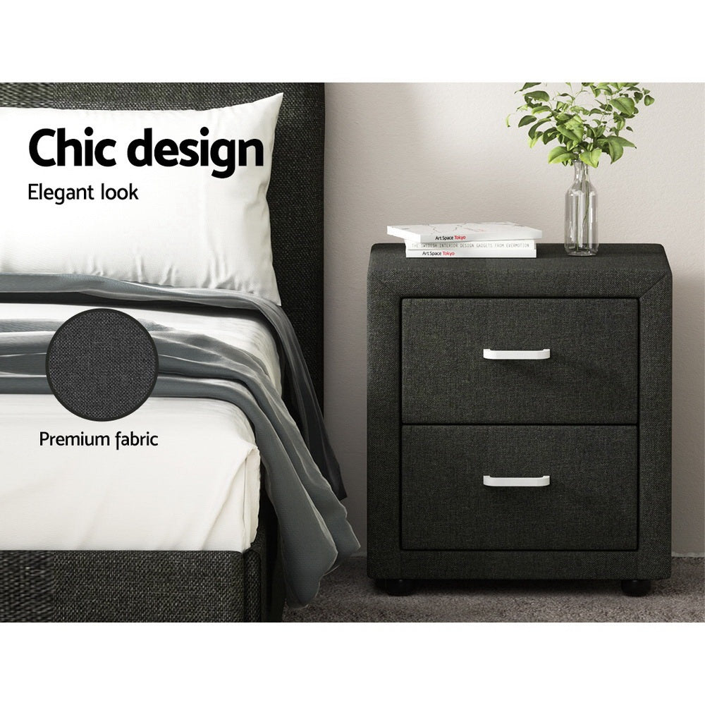 Artiss 2X Bedside Table 2 Drawers Fabric - CADEN Charcoal BFRAME-E-BSIDE-CHARX2