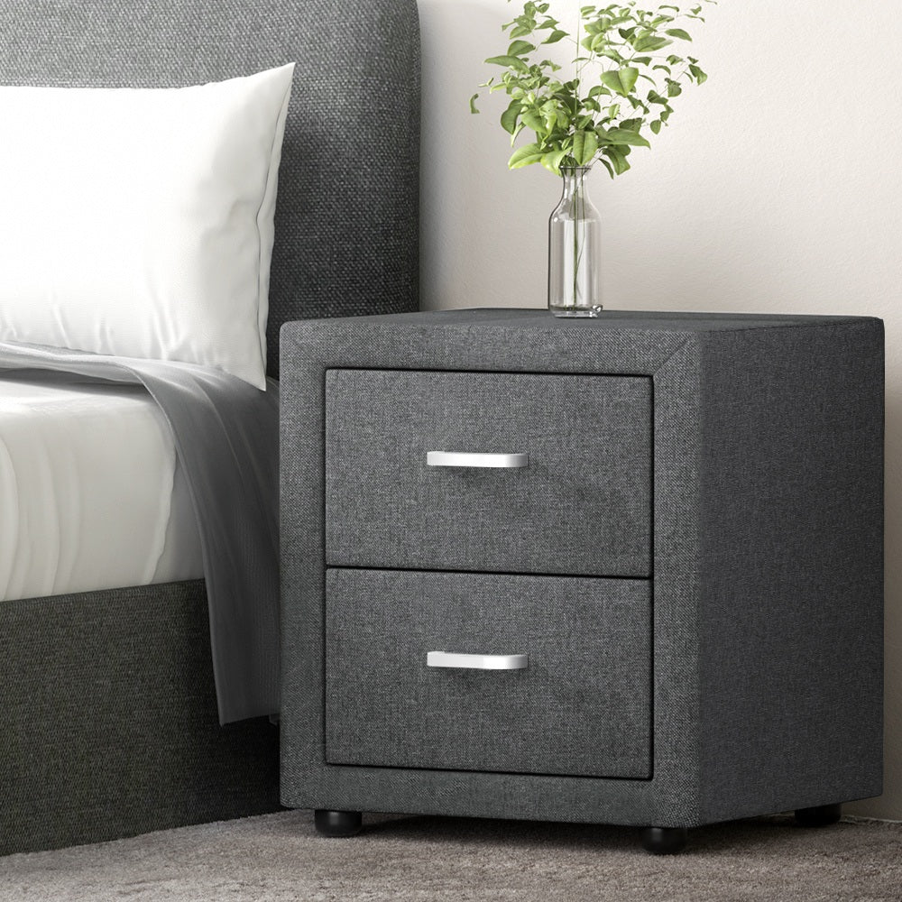 Artiss 2X Bedside Table 2 Drawers Side Table Fabric - CADEN Grey BFRAME-E-BSIDE-GYX2