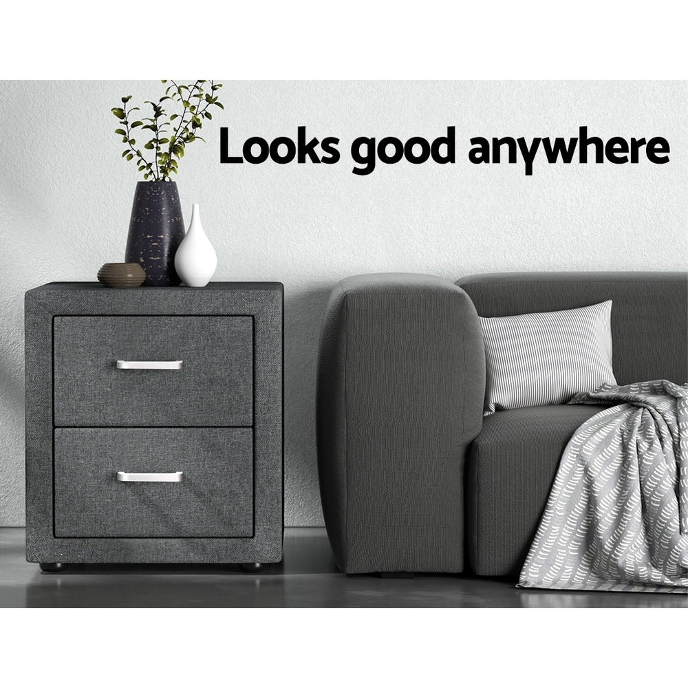 Artiss 2X Bedside Table 2 Drawers Side Table Fabric - CADEN Grey BFRAME-E-BSIDE-GYX2