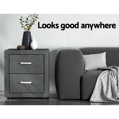 Artiss 2X Bedside Table 2 Drawers Side Table Fabric - CADEN Grey BFRAME-E-BSIDE-GYX2