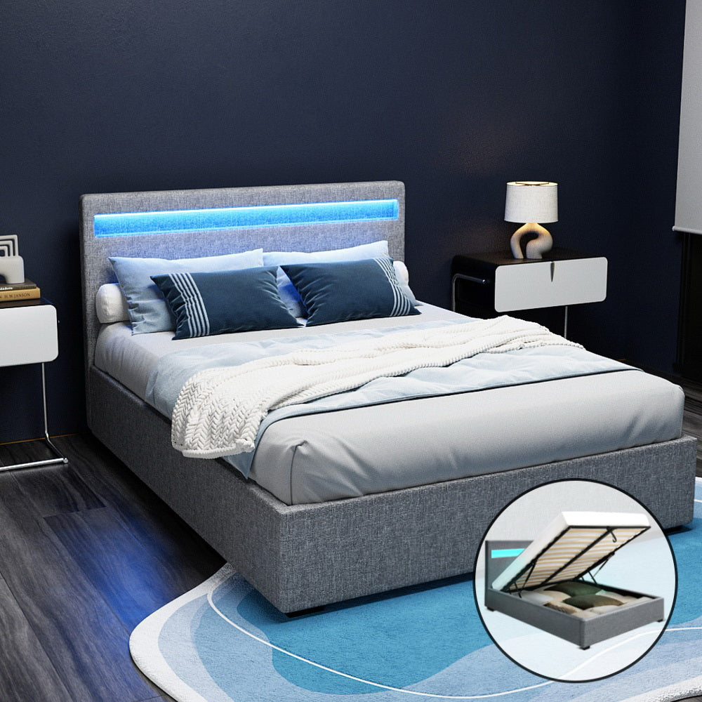Artiss Bed Frame Double Size LED Gas Lift Grey COLE BFRAME-E-COLE-D-GY-ABC