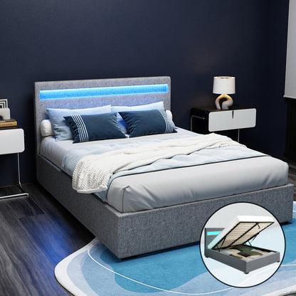 Artiss Bed Frame Double Size LED Gas Lift Grey COLE BFRAME-E-COLE-D-GY-ABC