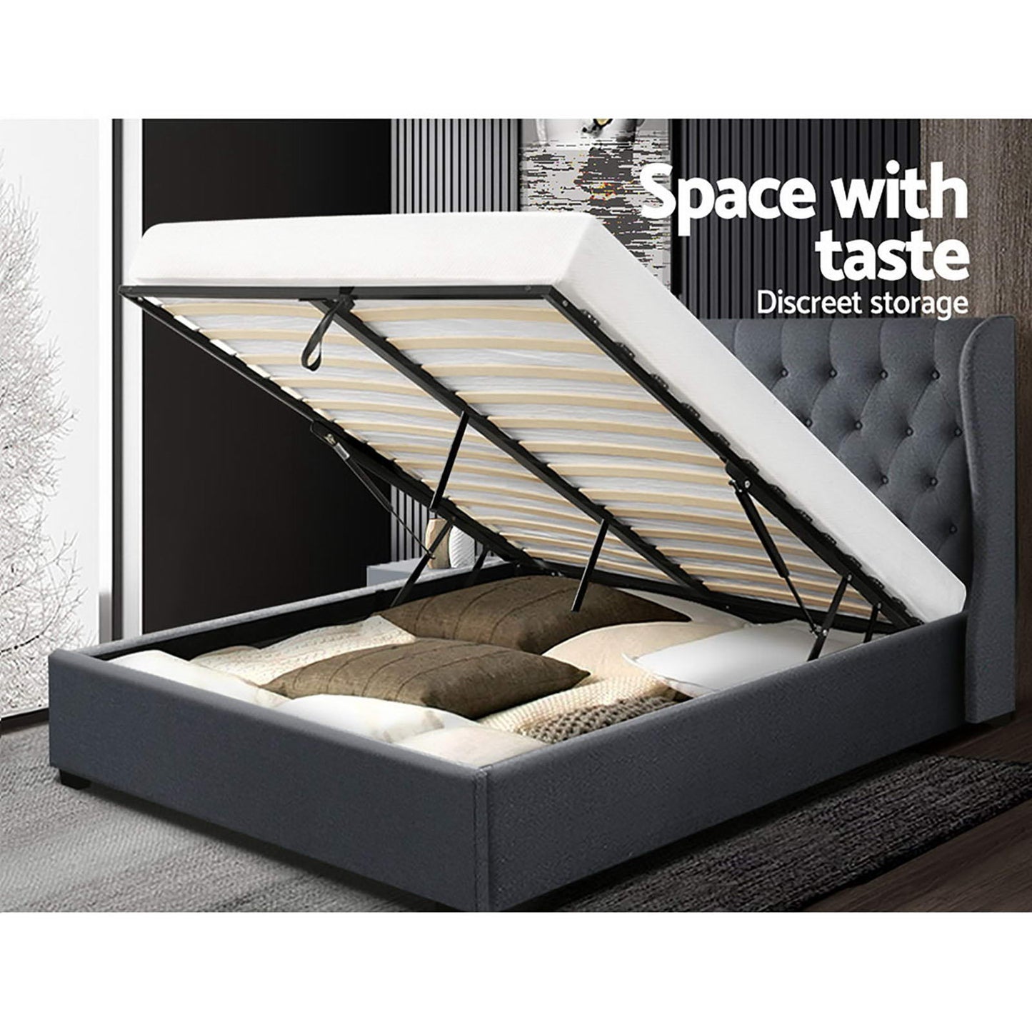 Artiss Bed Frame King Size Gas Lift Charcoal ISSA BFRAME-E-ISSA-K-CHAR-AB