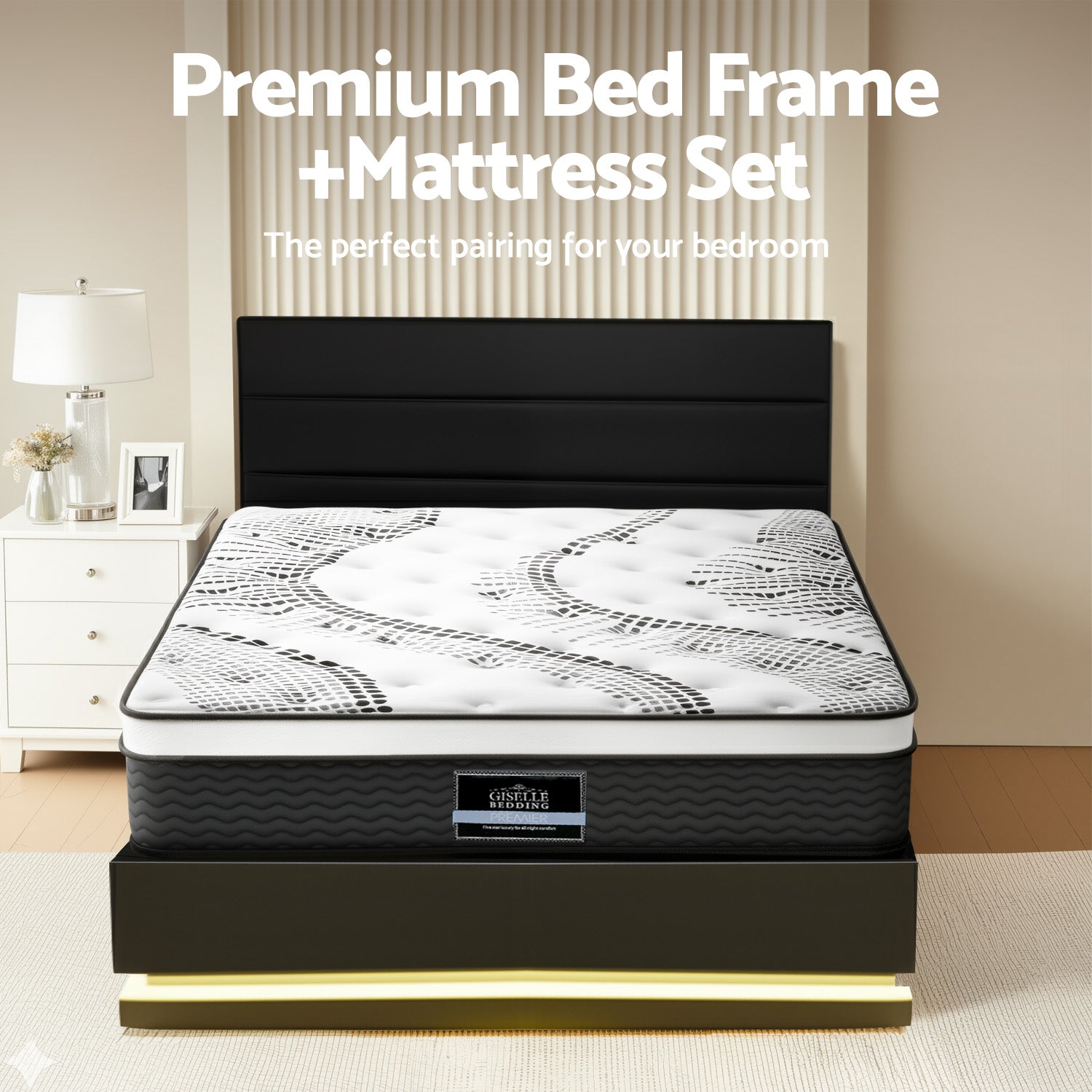 Artiss RGB LED Queen Bed Frame with 32cm Giselle Mattress Set BFRAME-E-LUMI-0907-Q