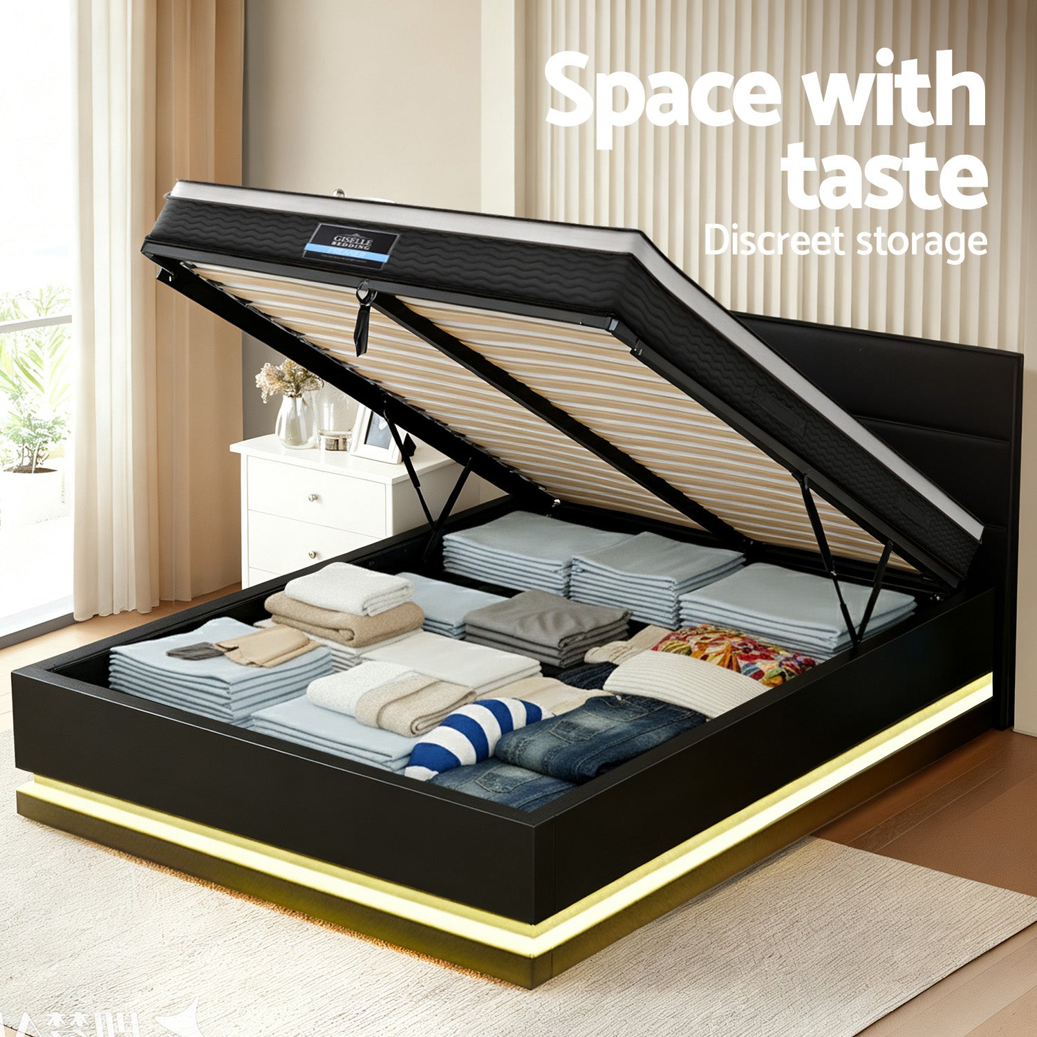 Artiss RGB LED Queen Bed Frame with 32cm Giselle Mattress Set BFRAME-E-LUMI-0907-Q