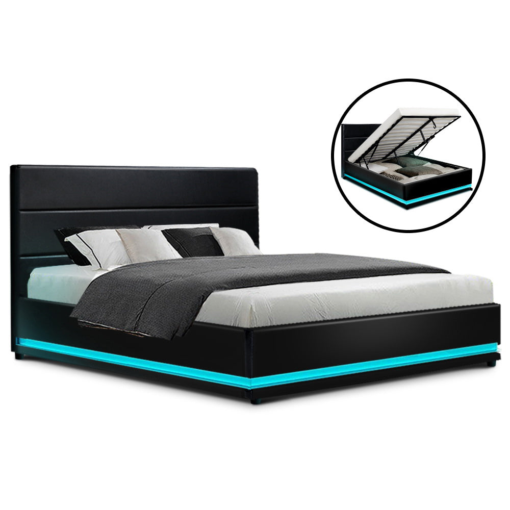 Artiss Bed Frame Double Size LED Gas Lift Black LUMI BFRAME-E-LUMI-D-BK-ABC