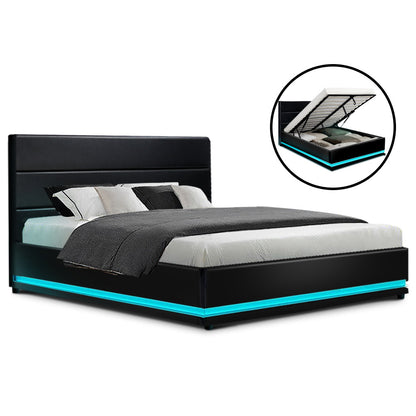 Artiss Bed Frame Double Size LED Gas Lift Black LUMI BFRAME-E-LUMI-D-BK-ABC