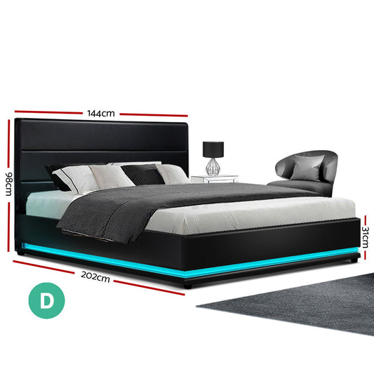 Artiss Bed Frame Double Size LED Gas Lift Black LUMI BFRAME-E-LUMI-D-BK-ABC