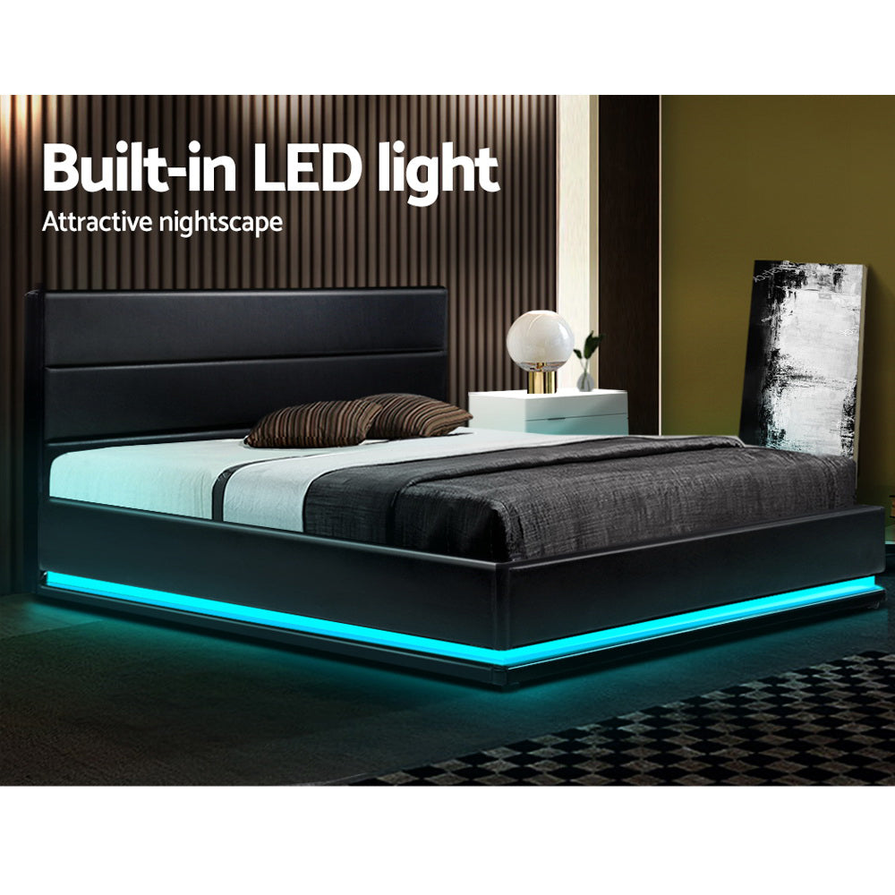 Artiss Bed Frame Double Size LED Gas Lift Black LUMI BFRAME-E-LUMI-D-BK-ABC