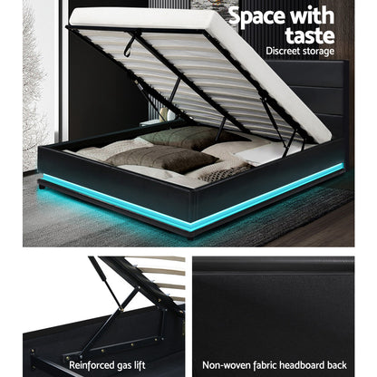 Artiss Bed Frame Double Size LED Gas Lift Black LUMI BFRAME-E-LUMI-D-BK-ABC