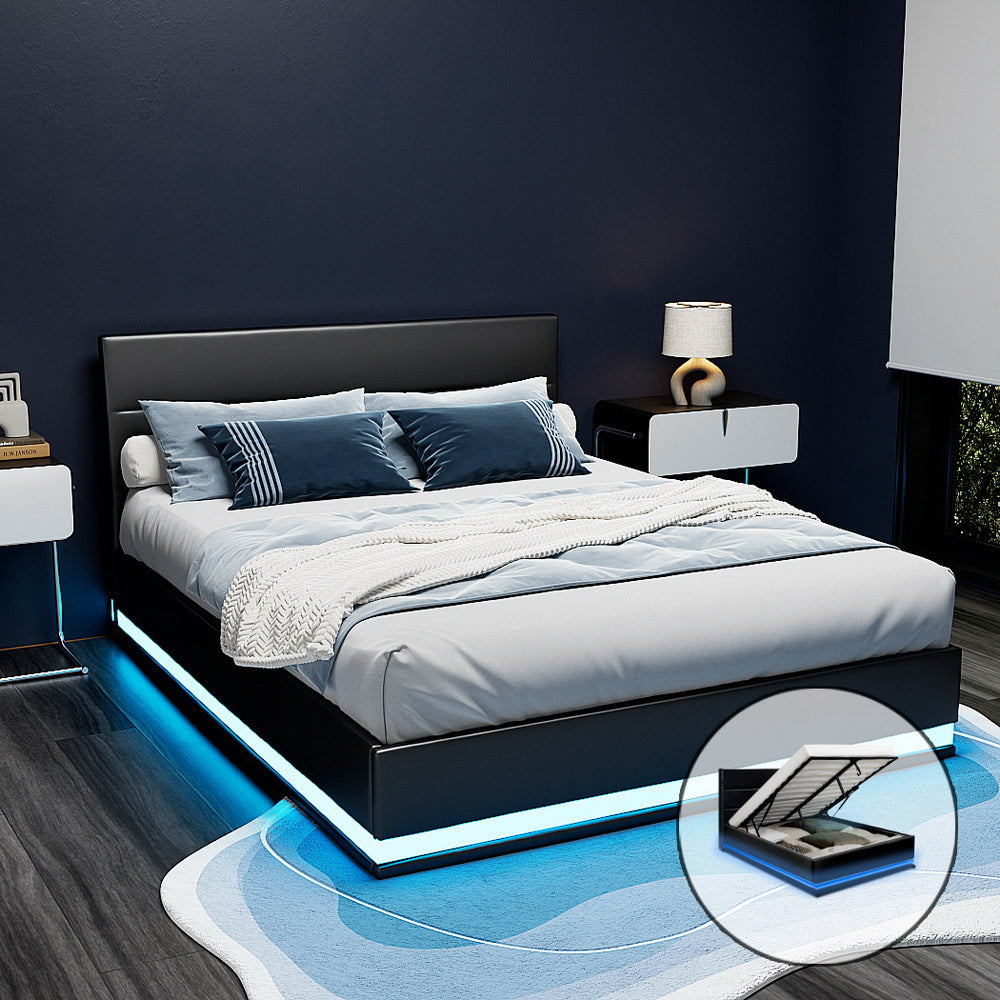 Artiss Bed Frame Double Size LED Gas Lift Black LUMI BFRAME-E-LUMI-D-BK-ABC